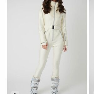 Cream Women's Belted Ski Jumpsuit with Shearling Collar